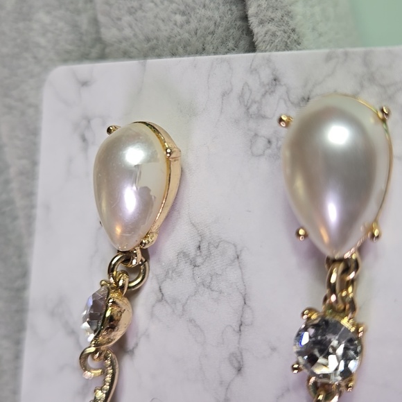 Gold Tone Silver Fuax Pearl Drop Earrings - Picture 8 of 17
